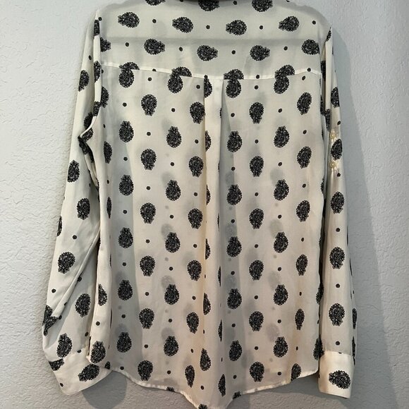 Express Top White w Black Print Portofino Sheer Button‎ Long Sleeve Career Sz SP - Picture 6 of 10
